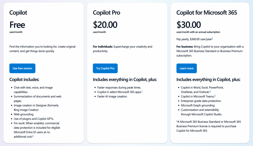 Microsoft Copilot pricing